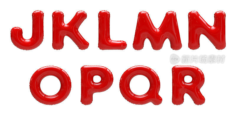 红色销售箔氦气球字母表字母J, K, L, M, N, O, P, Q, R孤立在白色背景上
